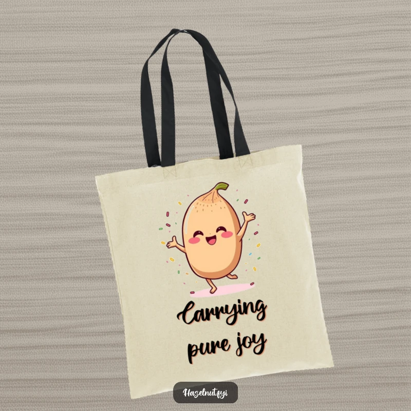 Funny tote bag showing a smiling kawaii hazelnut character doing a joyful dance with colorful sprinkles.