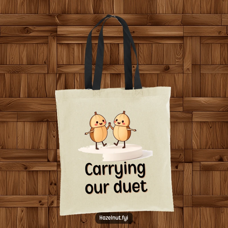 Funny tote bag with two dancing hazelnuts on a stage, a humorous and stylish accessory for carrying everyday items.
