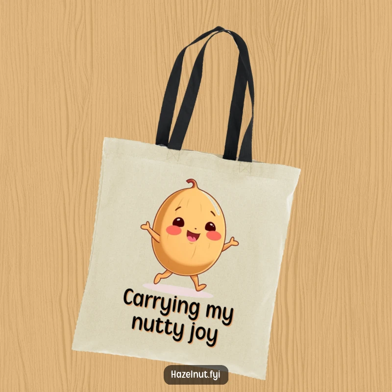 Funny tote bag showcasing a cheerful, round hazelnut with stubby legs performing a joyful dance, exuding pure delight.