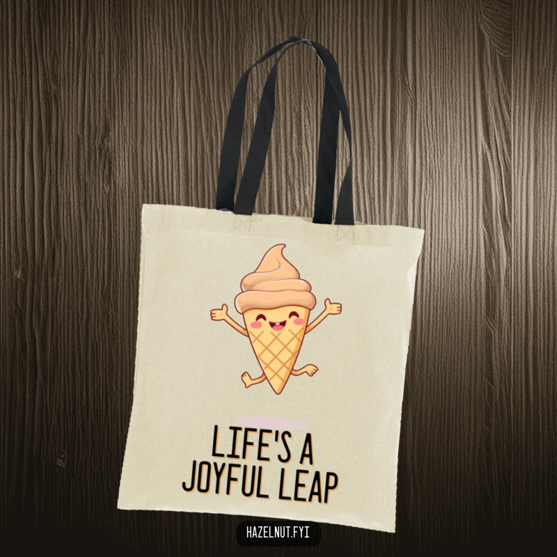 Funny Hazelnut ice cream cone tote bag with tiny legs leaping joyfully, a humorous and practical accessory.