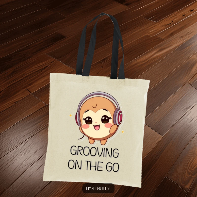 Funny Tote Bag: A smiling hazelnut character wearing headphones bobs its head to music, perfect for carrying essentials with musical flair.
