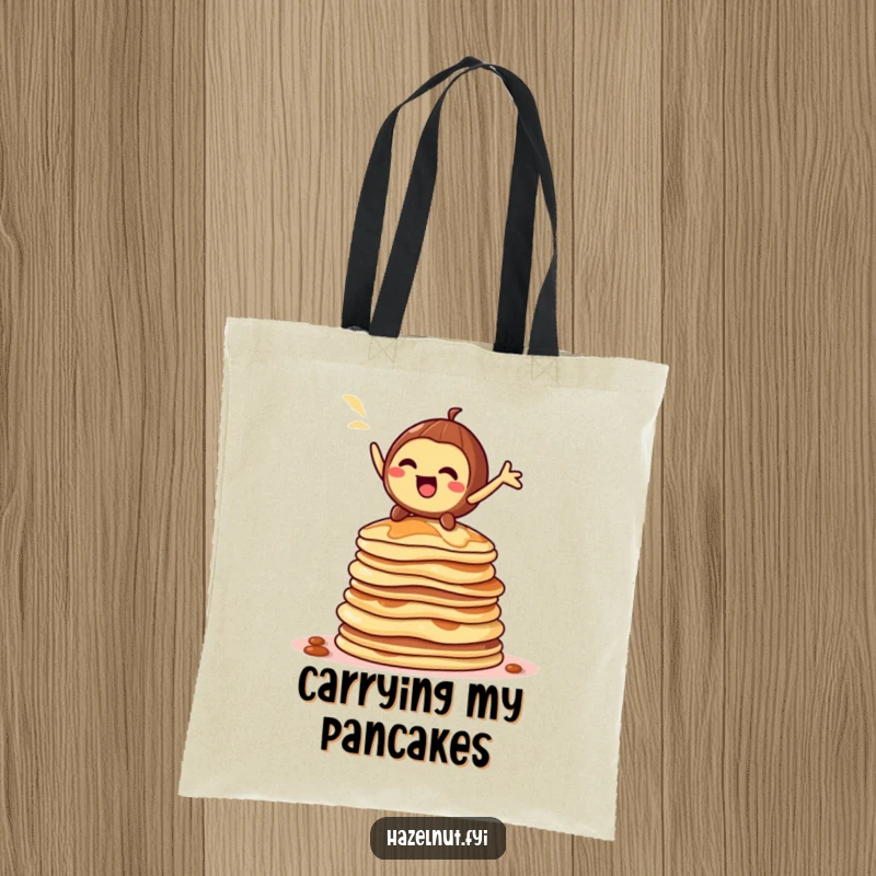 Funny hazelnut character tote bag, striking a dramatic pose on a towering stack of pancakes, humorous and stylish accessory.