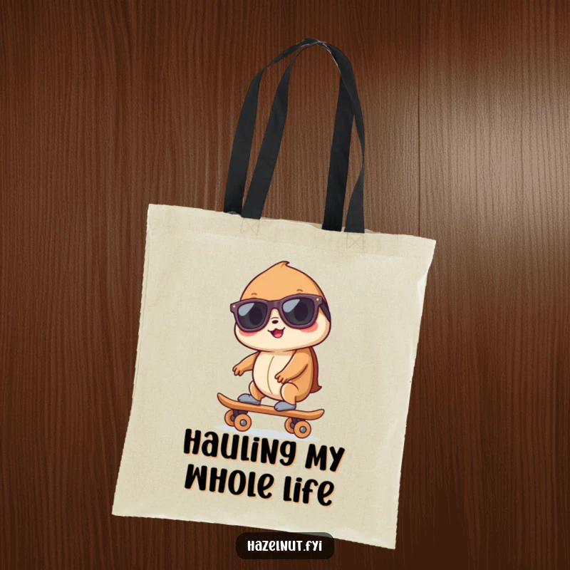 Funny hazelnut wearing sunglasses, riding a tiny skateboard, featured on a tote bag, showcasing a fun and active lifestyle.
