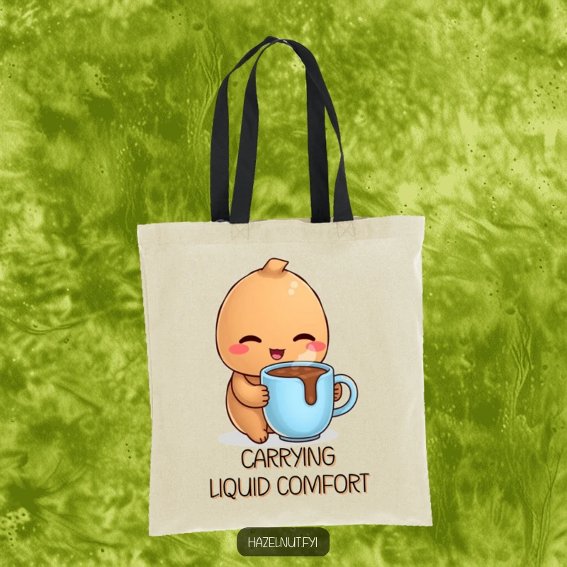 Funny tote bag showcasing a delighted hazelnut winking coyly while holding a tiny, steaming mug of hot chocolate, perfect for cozy outings.
