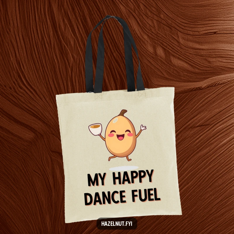 Funny smiling hazelnut with legs doing a joyful jig with a coffee cup, on a tote bag, for carrying essentials with energetic flair.