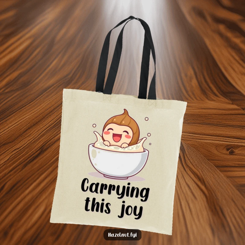 Funny tote bag with a laughing hazelnut splashing in cream, a humorous and stylish accessory for carrying everyday items.