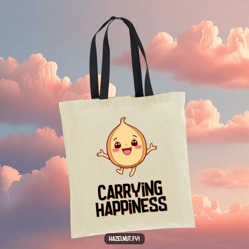 Funny Leaping Hazelnut Tote Bag, a grinning hazelnut character jumping with pure happiness, perfect for daily use.