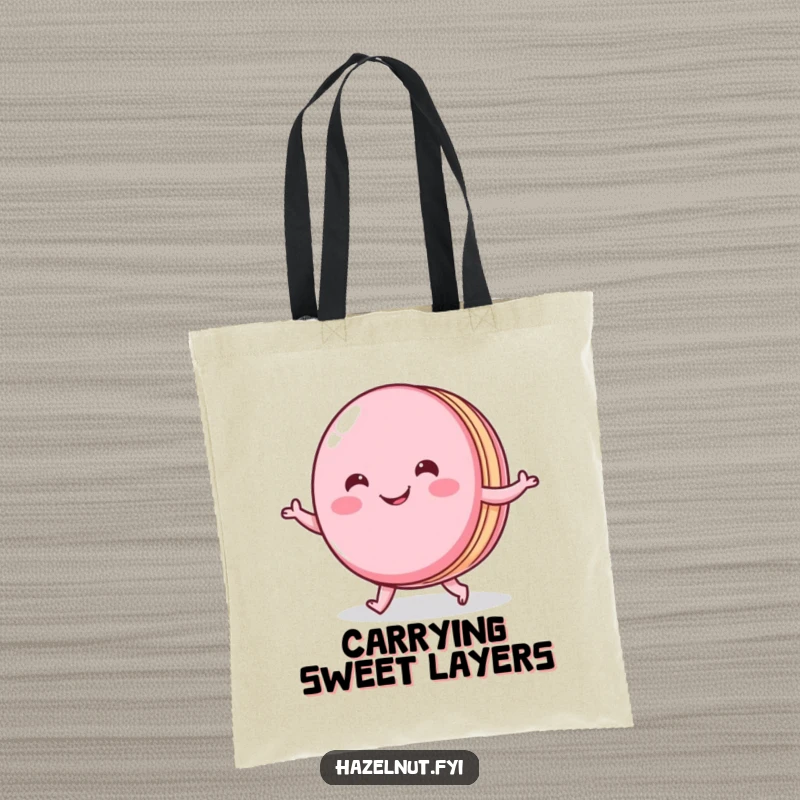 Funny tote bag with a cheerful macaron doing a little shuffle, perfect for stylish shopping and carrying daily items.