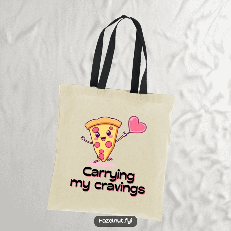 Funny tote bag with a silly slice of pizza dancing energetically with a candy heart, perfect for groceries.