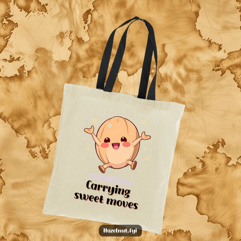 Playful hazelnut character doing a cartwheel with powdered sugar, perfect for a fun and energetic tote bag.