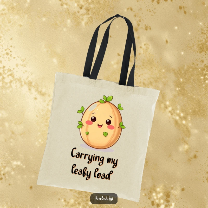 Funny, happy hazelnut sprouting green leaves on a durable tote bag, ideal for carrying groceries with a touch of nature humor.
