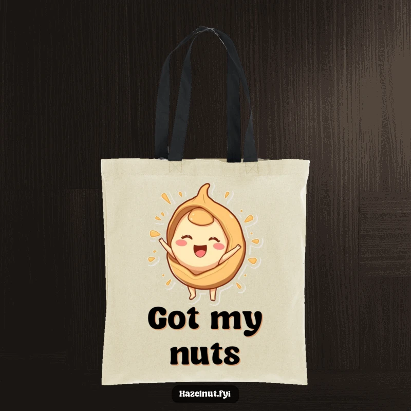 Funny tote bag with a joyous hazelnut character bursting from a stylized shell, perfect for carrying essentials with humor.