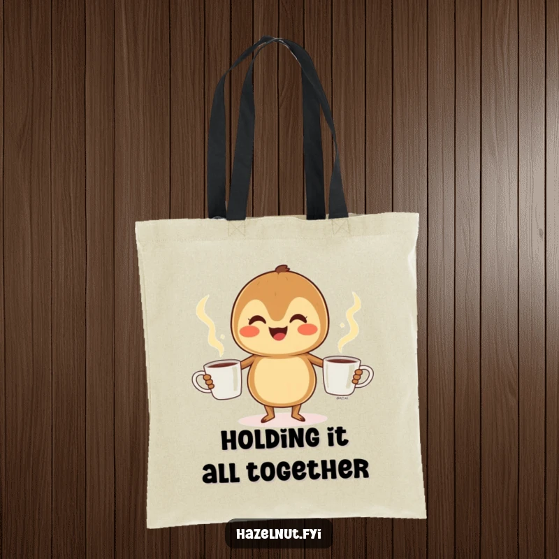 Funny Hazelnut Tote Bag: A cheerful hazelnut juggles three steaming coffee cups, perfect for carrying essentials with humor.