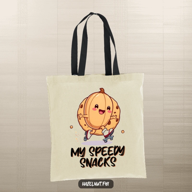 Funny tote bag with a hazelnut on roller skates zipping around a cookie, a humorous and stylish accessory for carrying items.