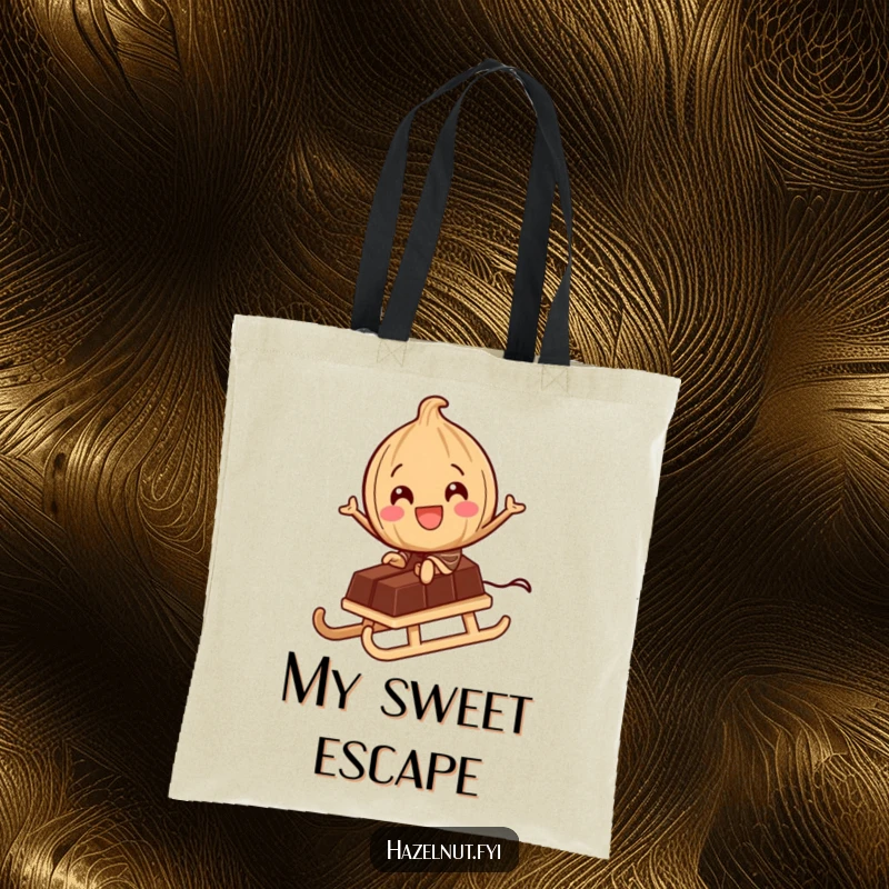 Funny Tote Bag: A delighted hazelnut character rides a tiny chocolate bar like a sled, perfect for carrying essentials with sweet flair.