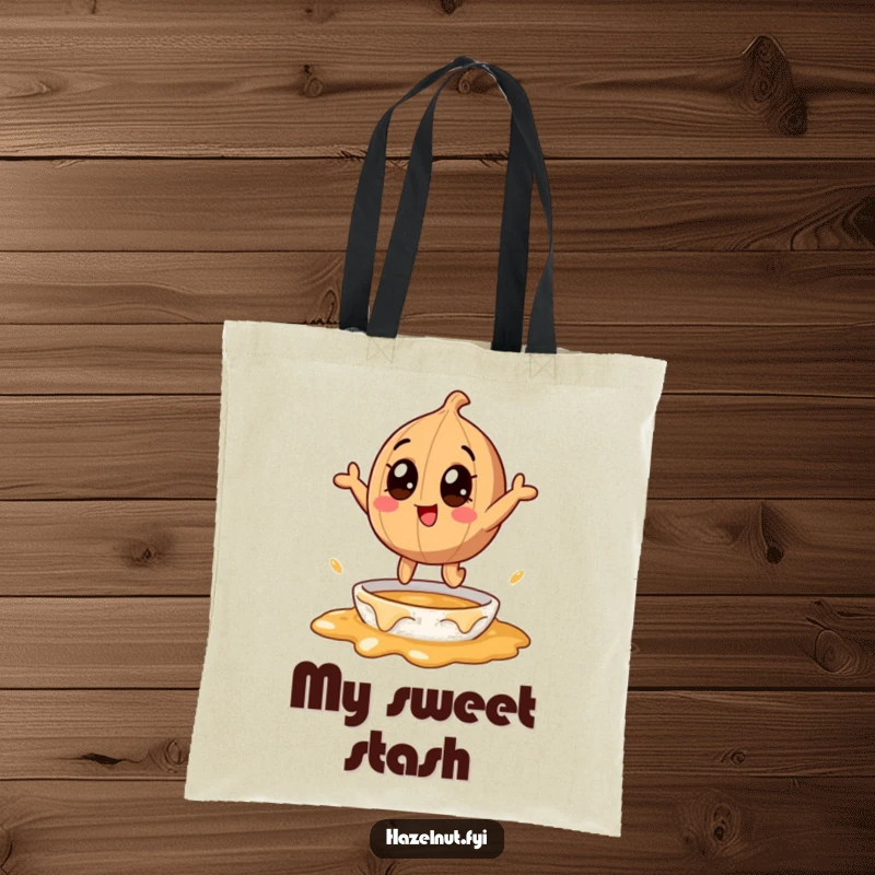 Funny hazelnut character with big eyes, leaping into caramel, on a tote bag, a humorous and practical gift.