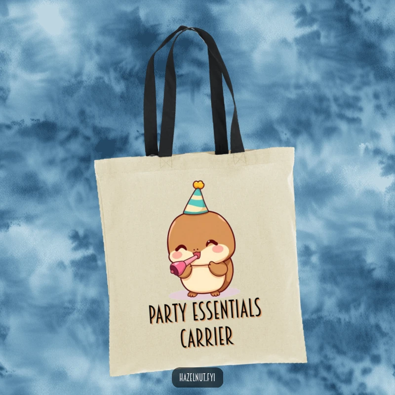 Funny tote bag with a cute kawaii hazelnut wearing a party hat, blowing a noisemaker with joy.