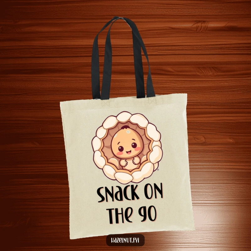 Funny hazelnut character tote bag, peeking from inside a giant popcorn kernel, humorous and practical accessory for snack lovers.