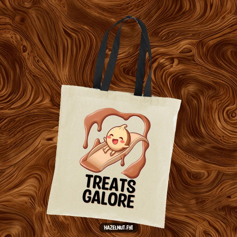 Funny Chocolate Slide Hazelnut Tote Bag, a giggling hazelnut sliding down a chocolate syrup slide, perfect for carrying items.